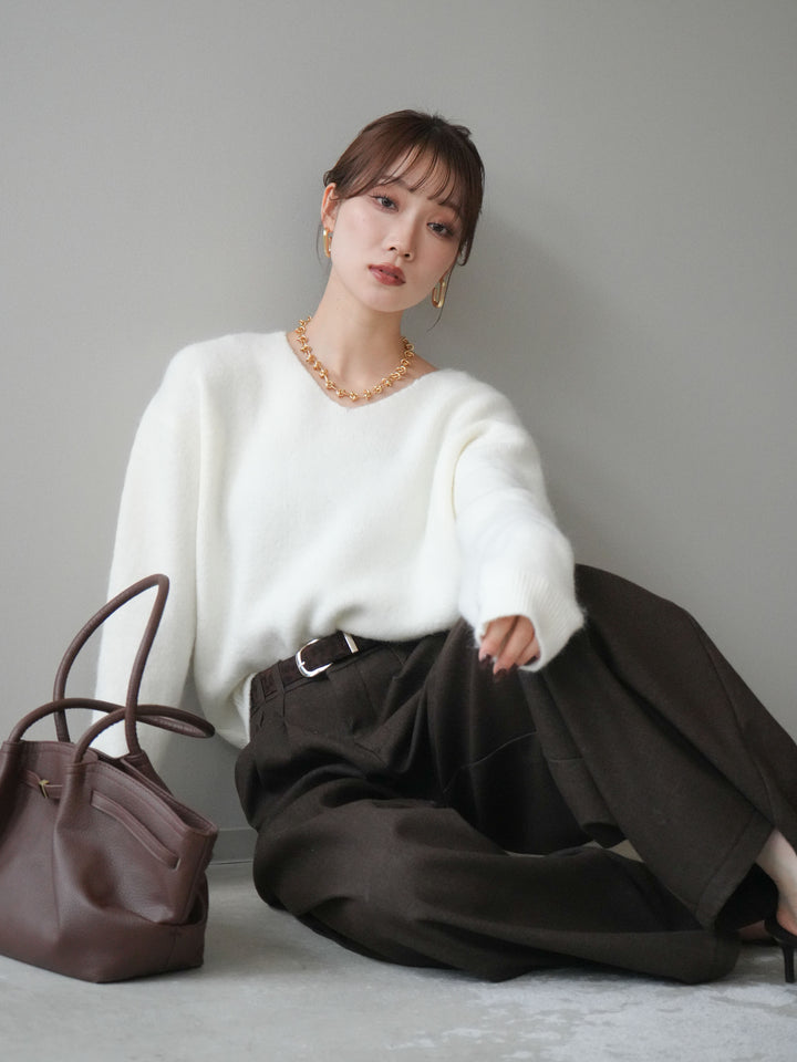 [SET]シュシュ付きアンゴラタッチVネックニットプルオーバー+シュシュ付きアンゴラタッチVネックニットプルオーバー(2set)