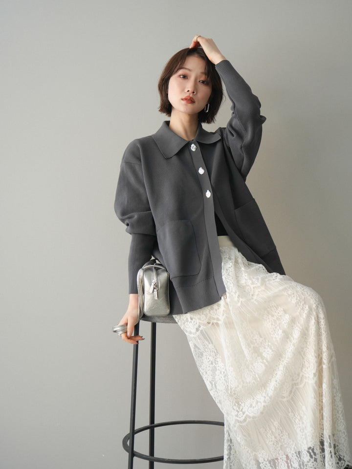 [予約]メタルボタン襟付きポリエステルニットカーディガン/charcoal