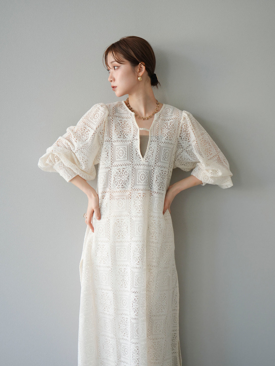 【套裝】塊蕾絲捲袖洋裝+塊蕾絲寬褲（2套）