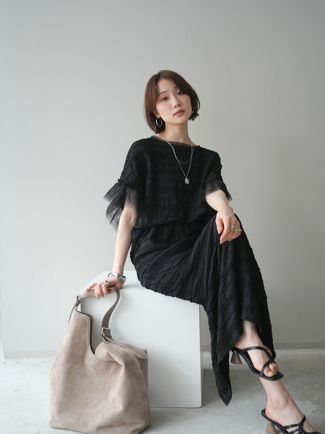 [SET]チュール袖リップルトップス+リップルIラインスカート(2set)