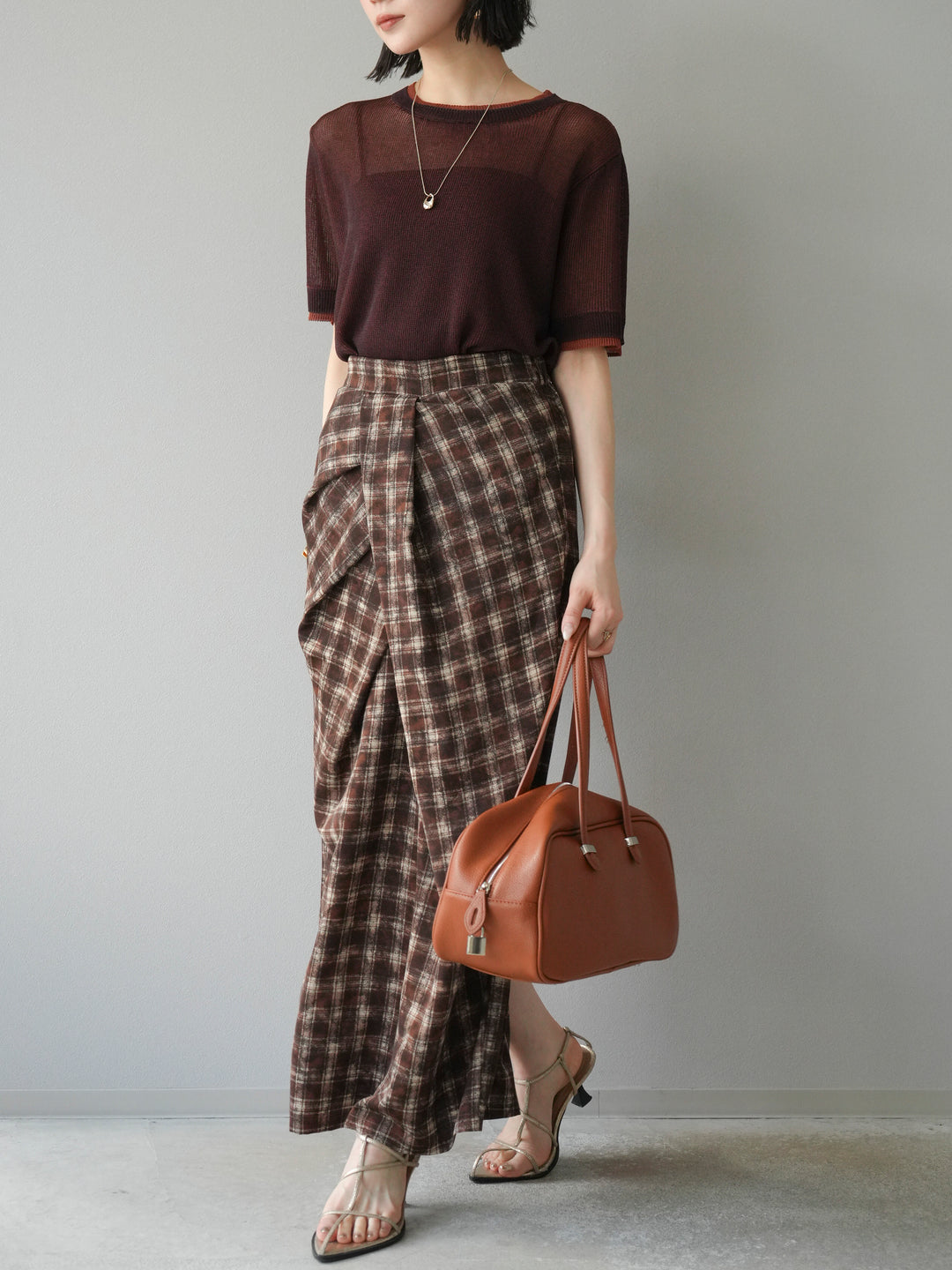 [SET]リネンタッチ配色二重臼ハーフニットトップス+選べるアソート柄スカートセット(2set)