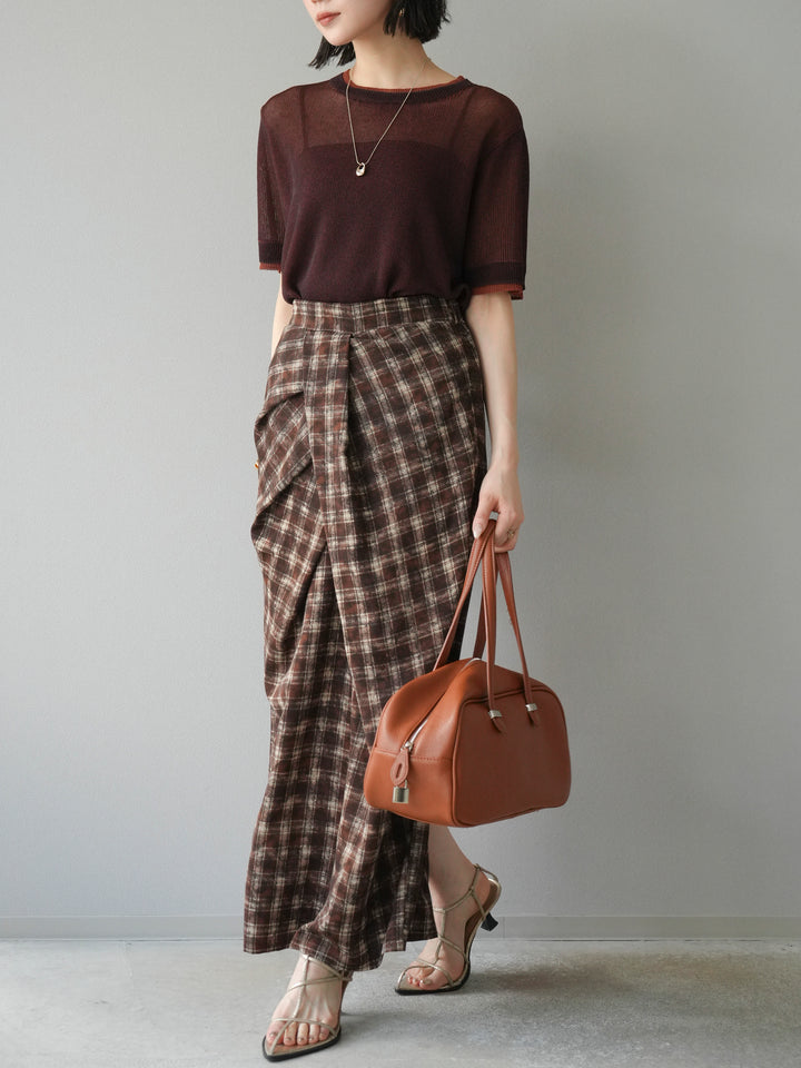 [SET]リネンタッチ配色二重臼ハーフニットトップス+選べるアソート柄スカートセット(2set)