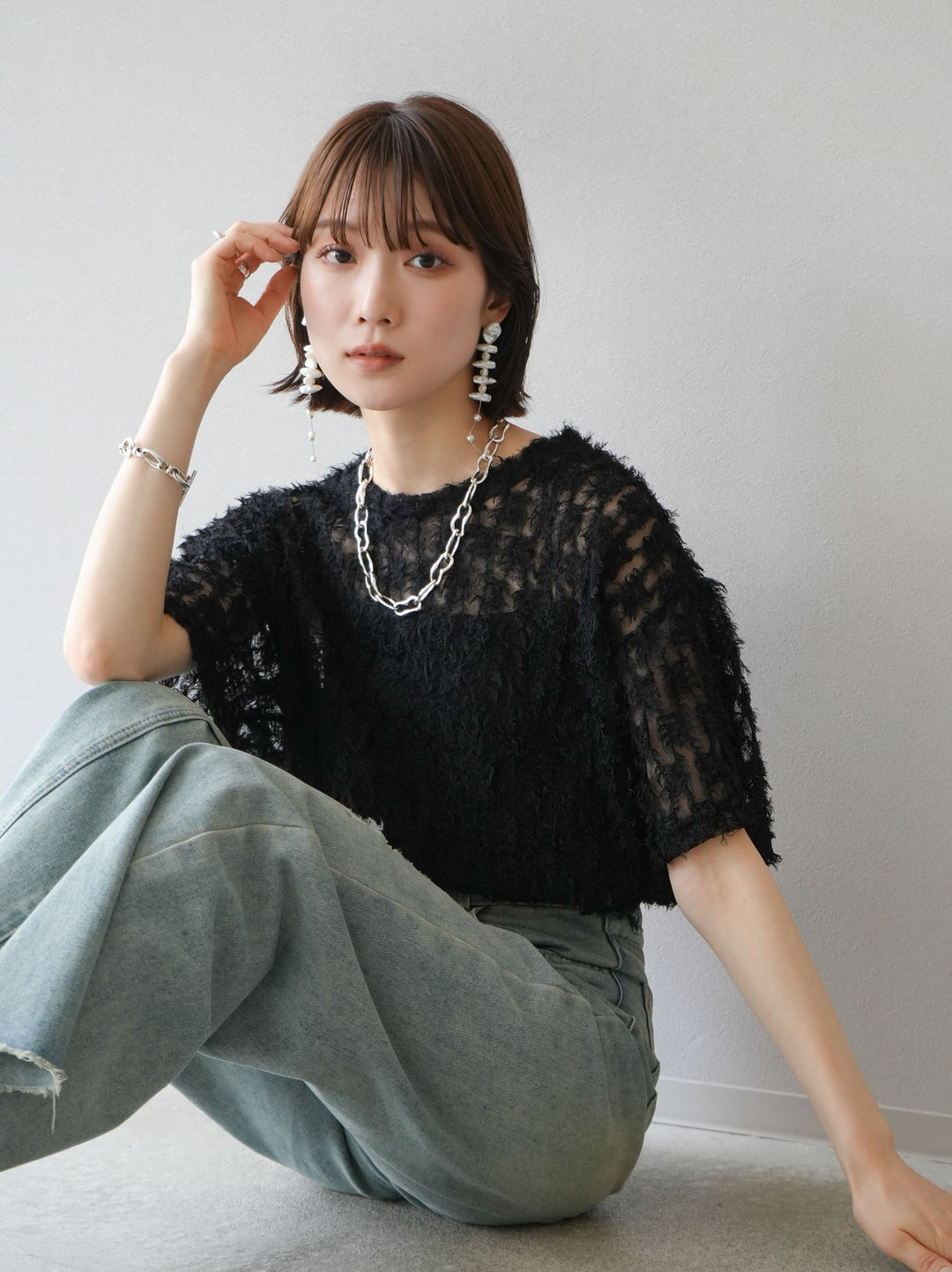 [Pre-order] Fringe Tulle 5/4 Sleeve Over Top/Black