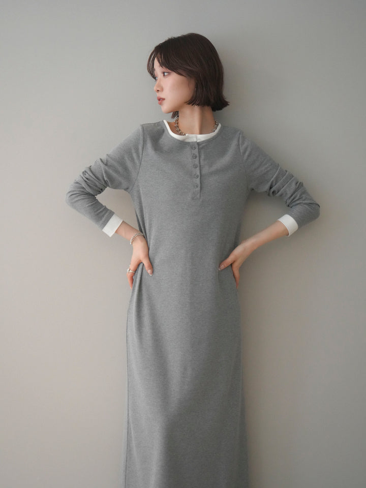 [予約]配色レイヤードヘンリーネックカットリブワンピース/mokugray