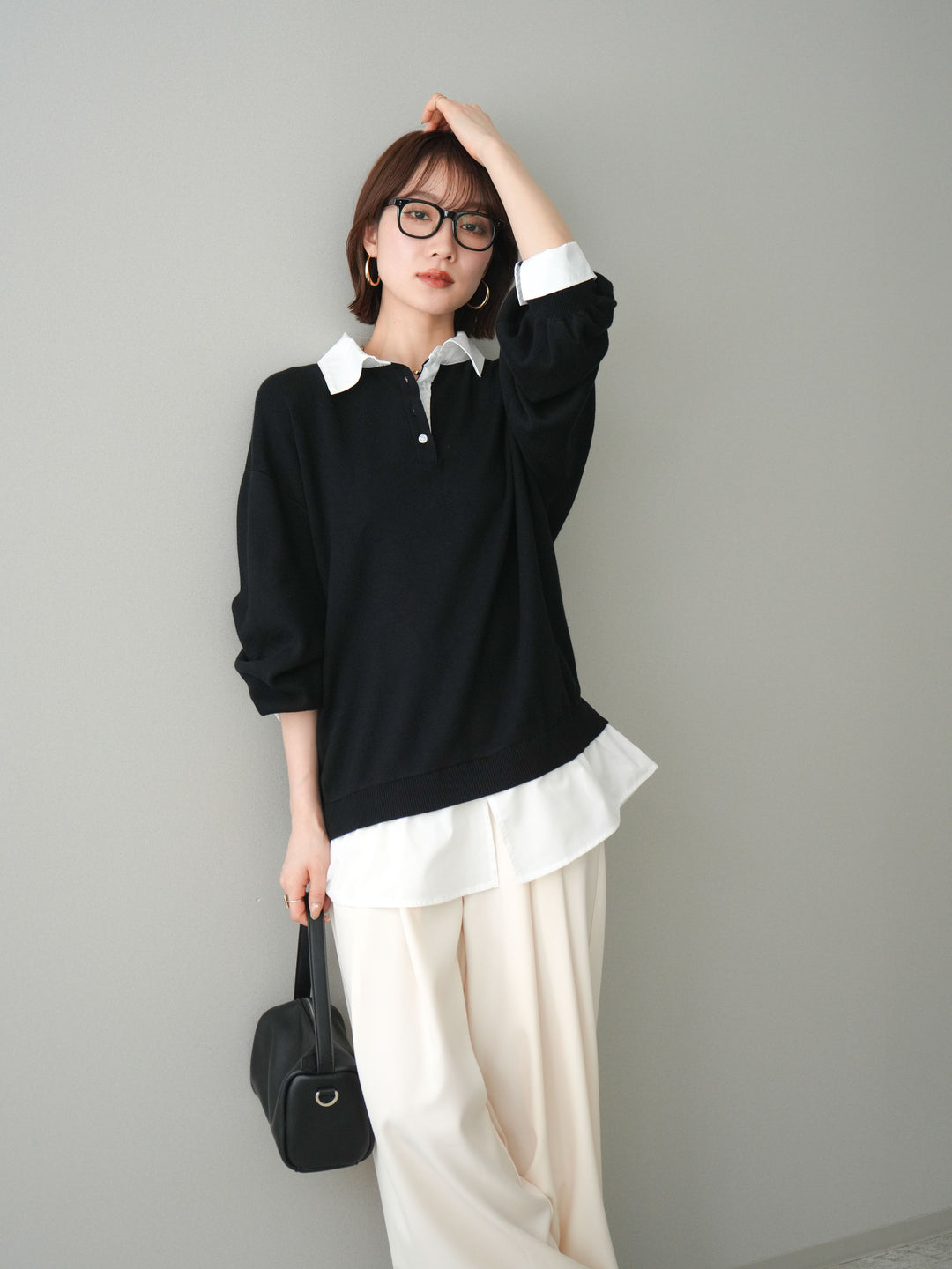 [予約]シャツドッキングオーバーニットプルオーバー/blackoff