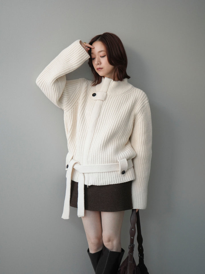 [予約]畦編みボトルネックZIPニットカーディガン/white