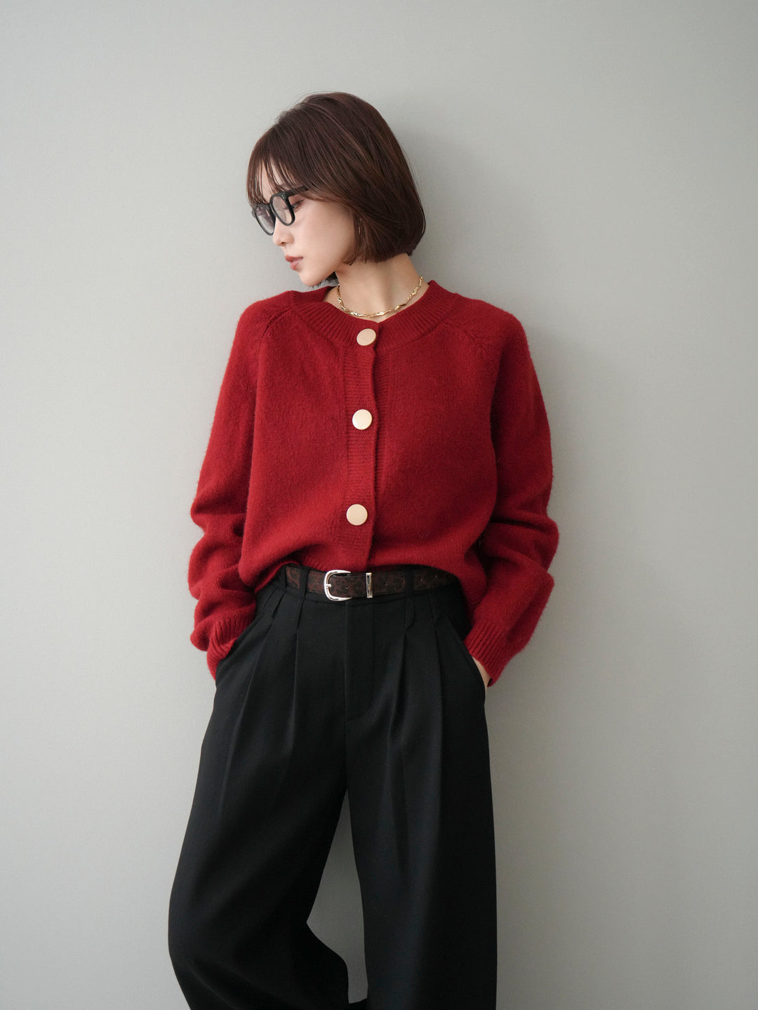 [SET]BIGボタンニットカーディガン+アニマル柄ベルト付きウールタッチワイドパンツ(2set)