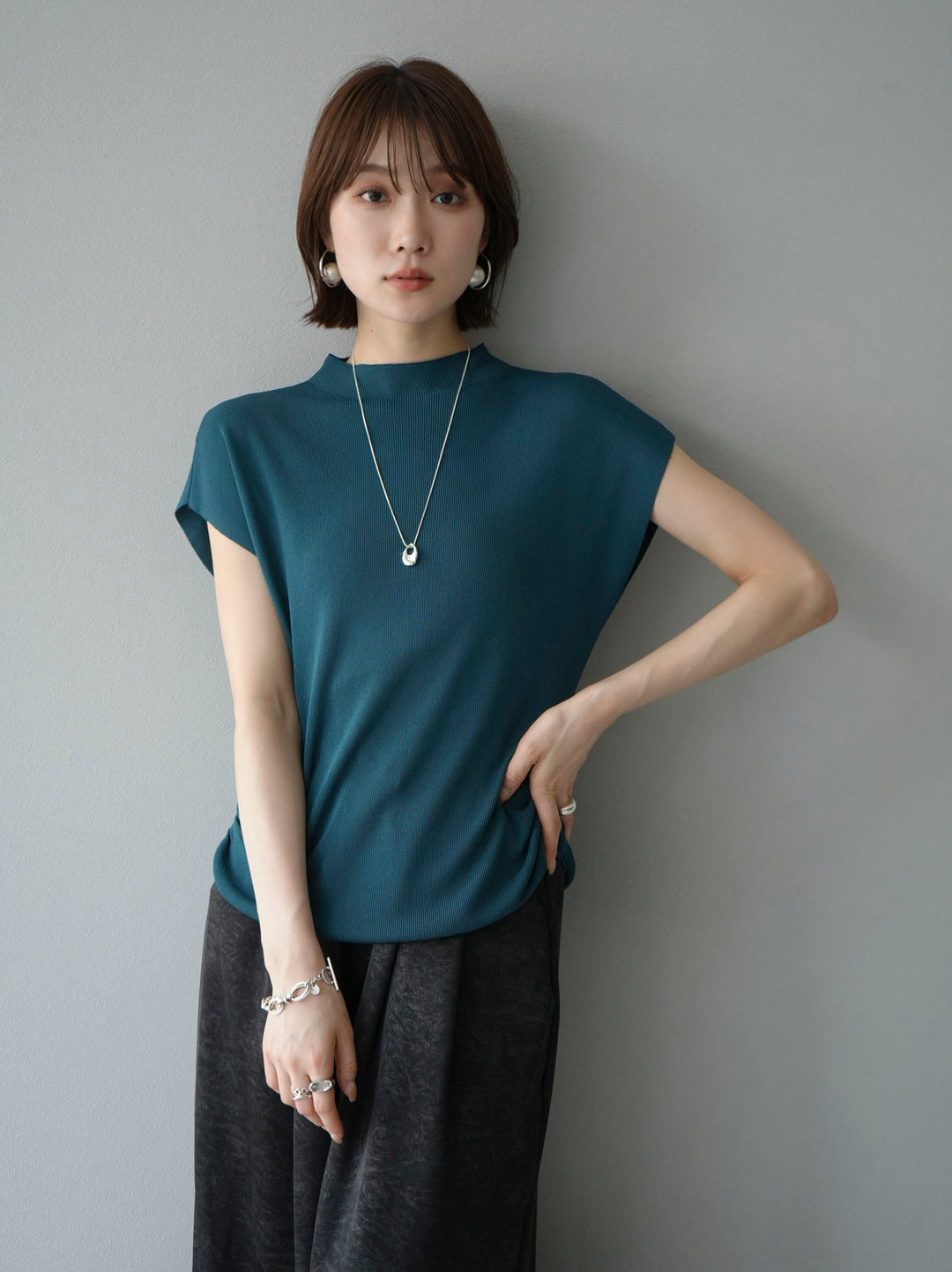 [Pre-order] Petite Neck Side Shirring Summer Knit Top/Blue