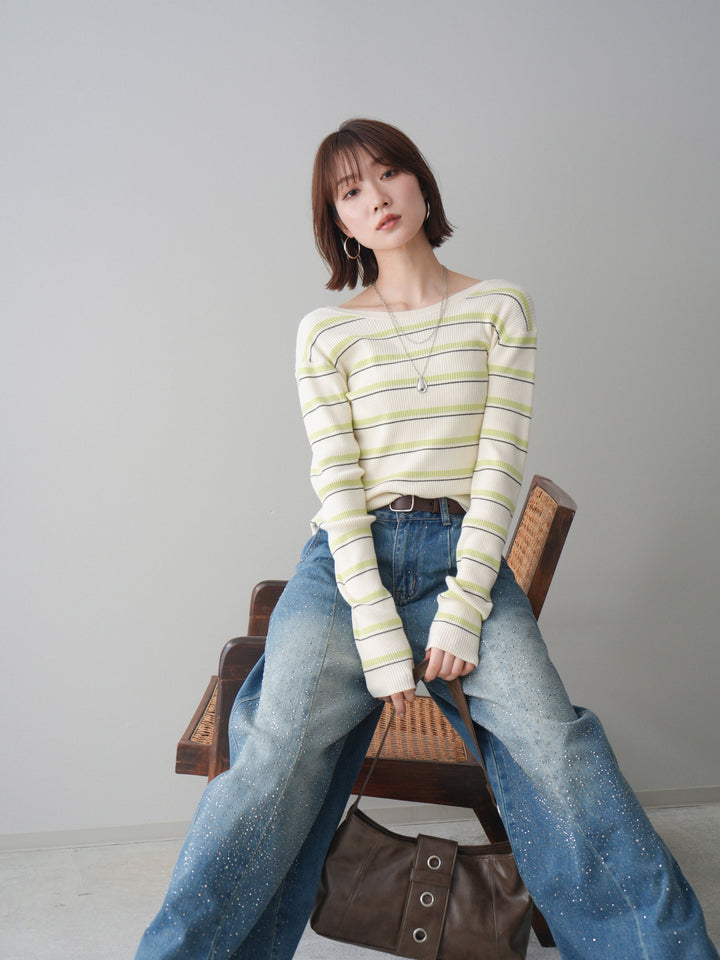 [予約]バックオープンテレコリブマルチボーダートップス/ivory