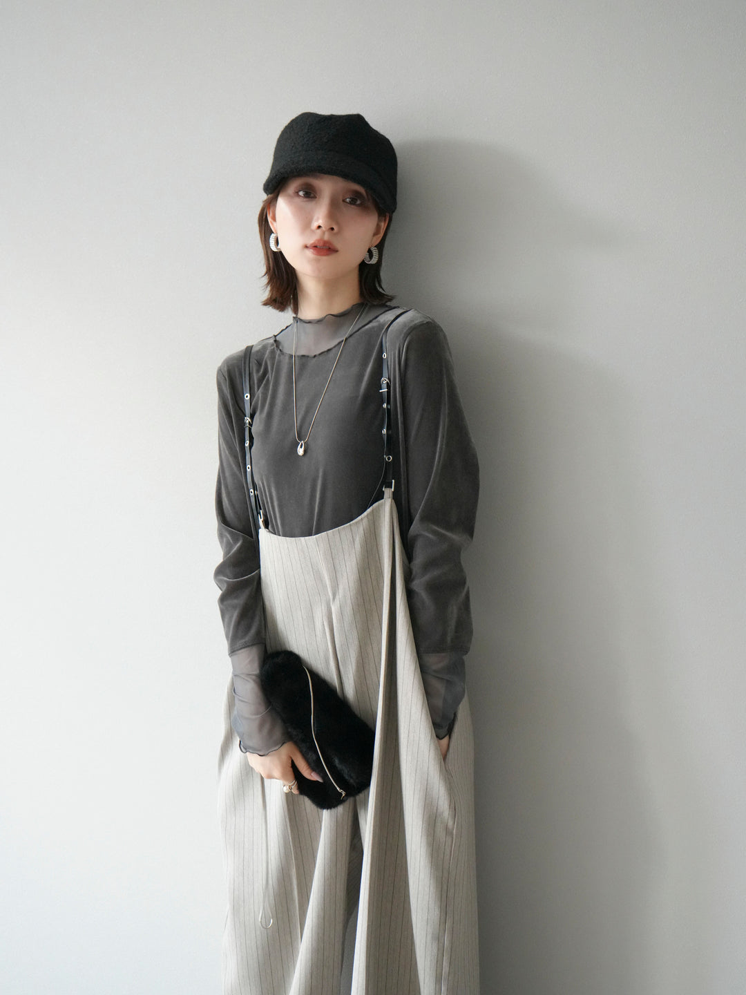 【着回しセット】[SET]ヘリンボーンストライプジレ+シアー切替ベロアトップス+ヘリンボーンストライプサロペット(3set)