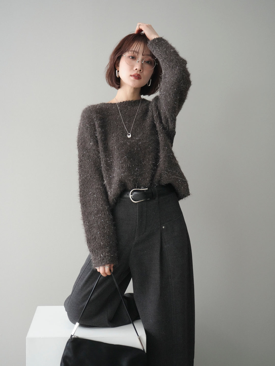 [予約]モールラメミックスヤーンニットプルオーバー/brown