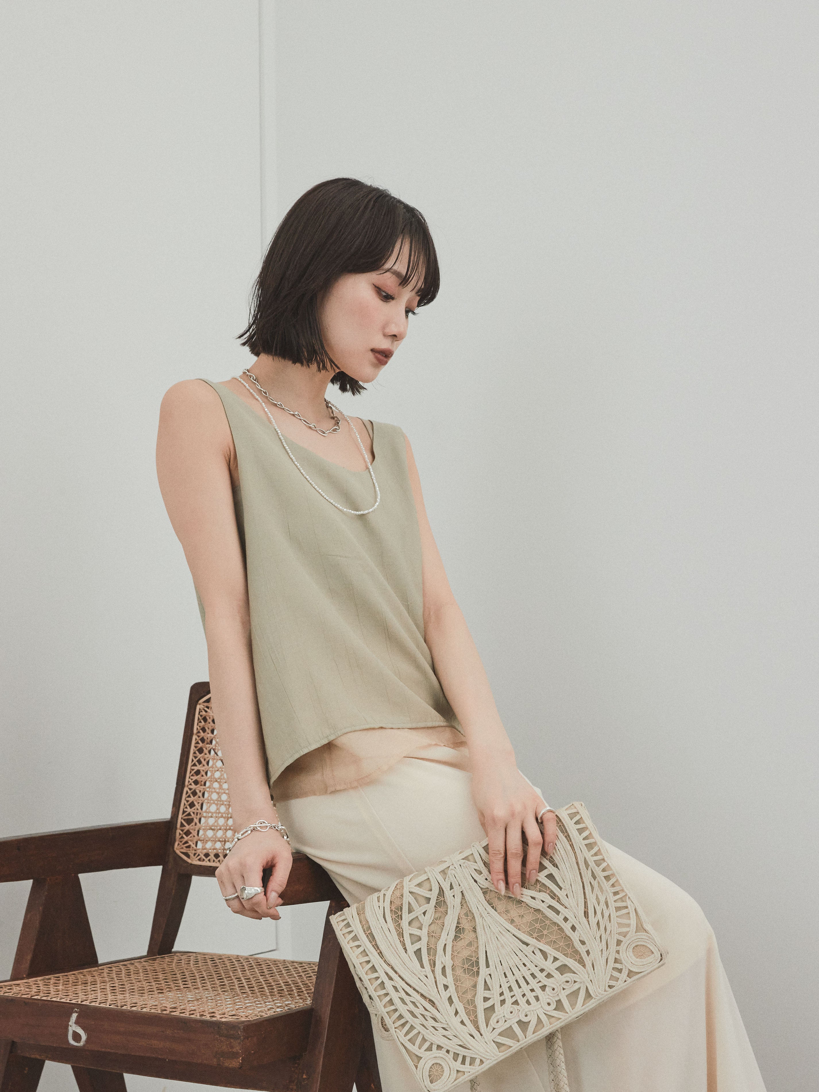 予約]ワッシャーサテンシアーレイヤードタンクトップ/カーキ