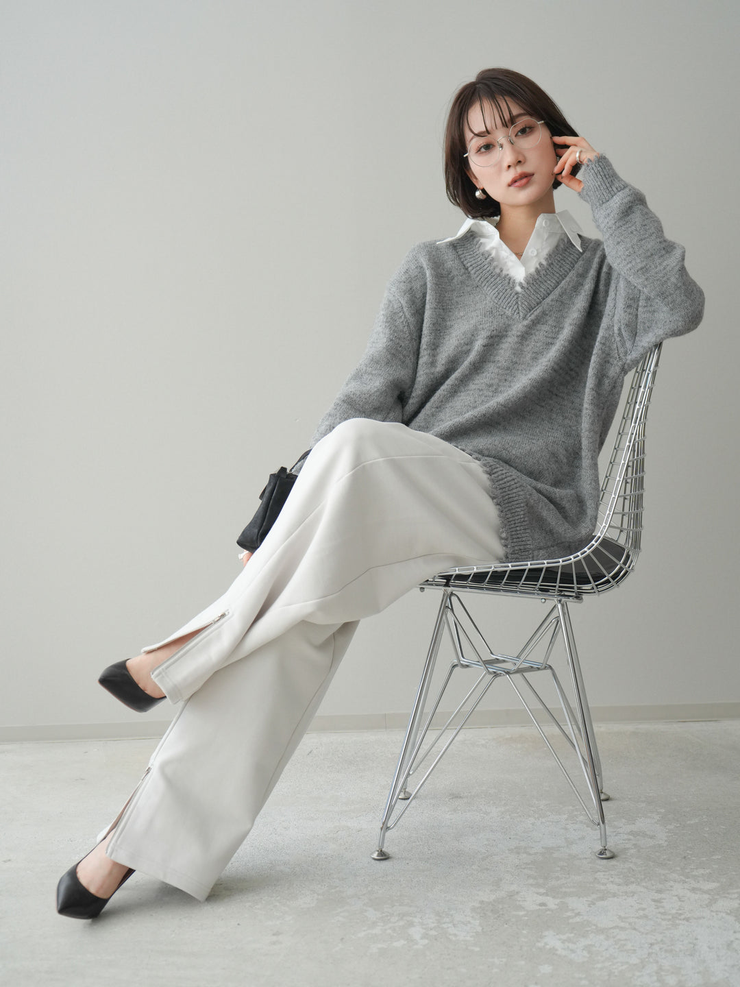 [予約]シャツドッキングVネックフリンジニットプルオーバー/gray