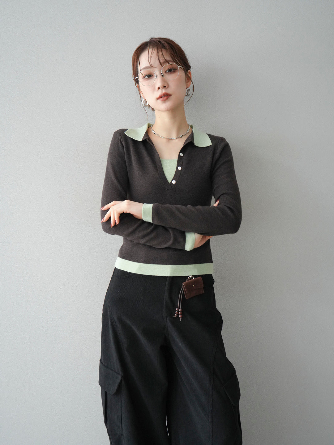 [予約]レイヤード配色ポロニットトップス/darkbrown