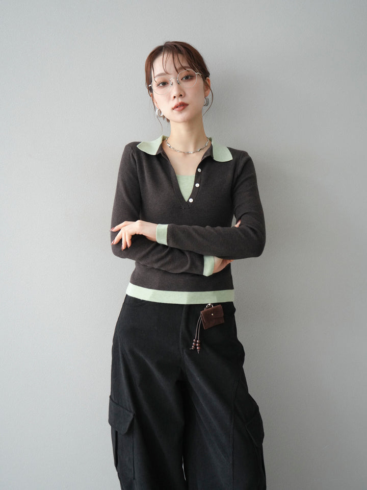 [予約]レイヤード配色ポロニットトップス/darkbrown