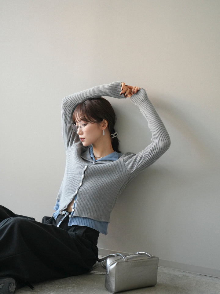 [予約]配色レイヤードリブニットカーディガン/gray