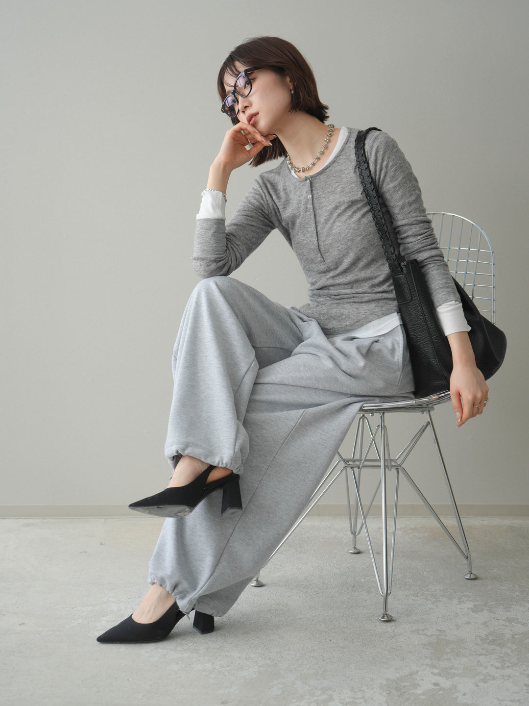 [予約]シアーリブヘンリーネックロンT/gray