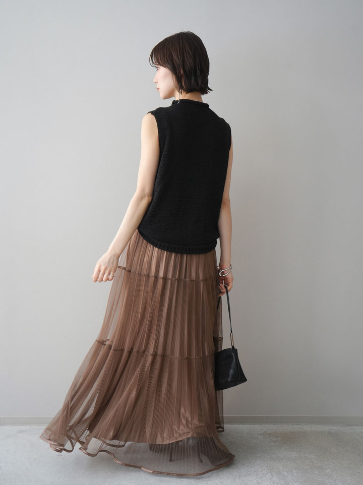 [予約]ラメプリーツレイヤードチュールロングスカート/mocha