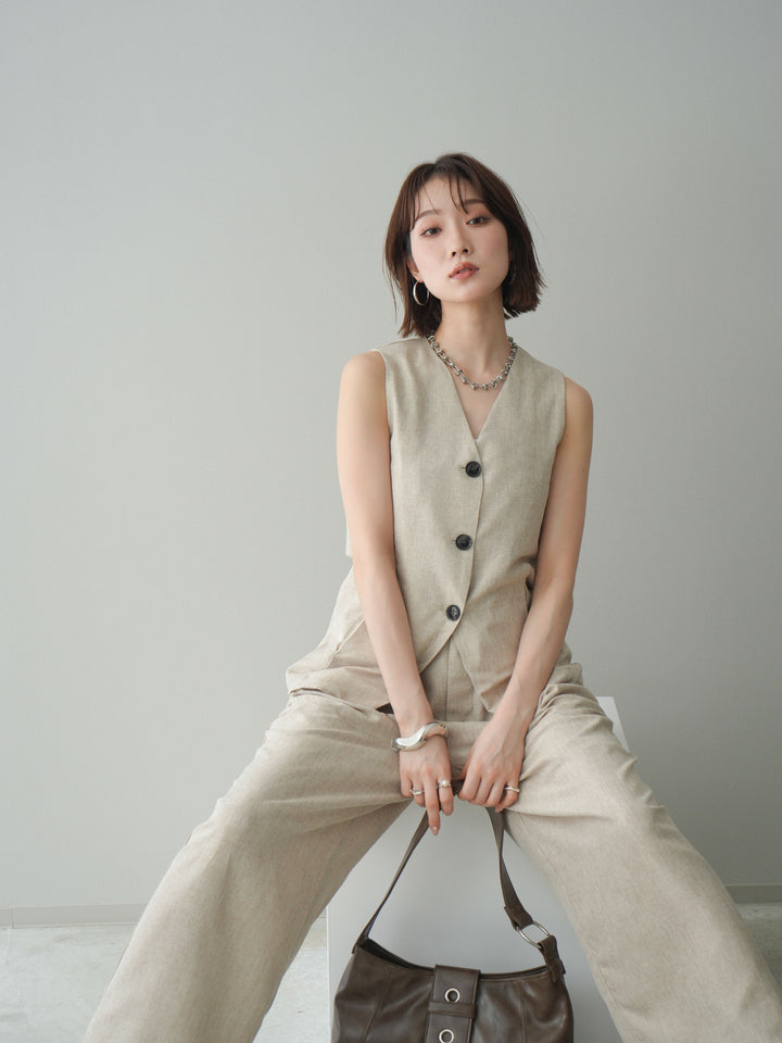 [SET]リネンライクバックオープンジレ+リネンライクタックワイドパンツ(2set)