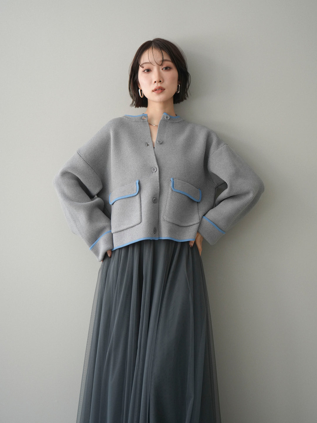 [SET]ポリエステル配色ニットカーディガン+チュールボリュームスカート(2set)