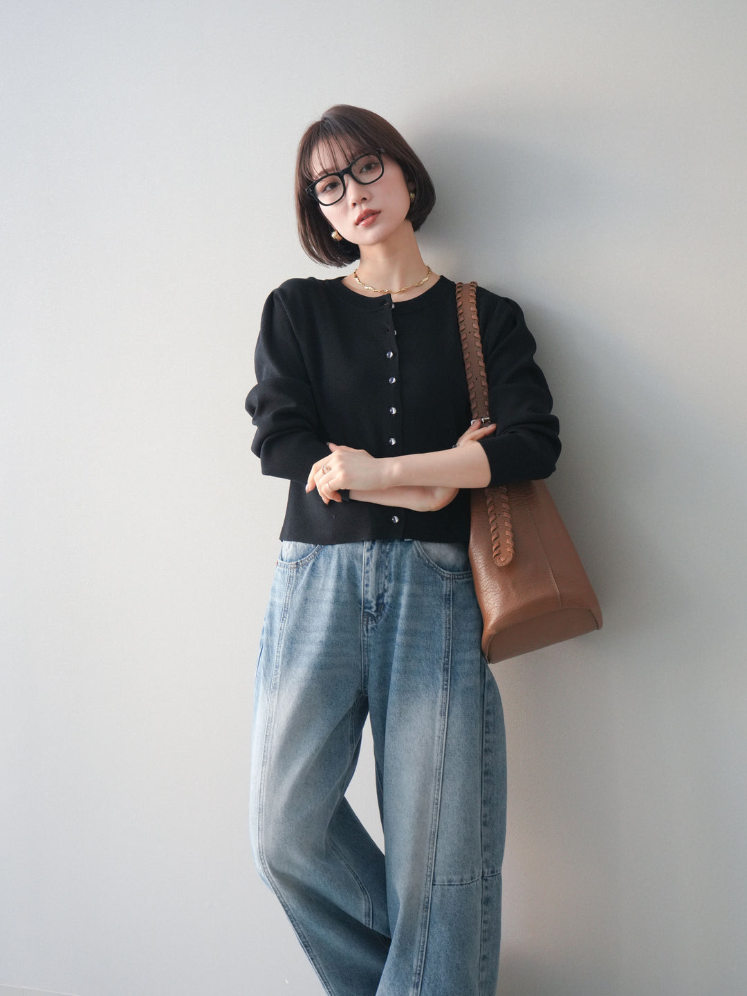 [予約]クリアボタンタックニットカーディガン/black