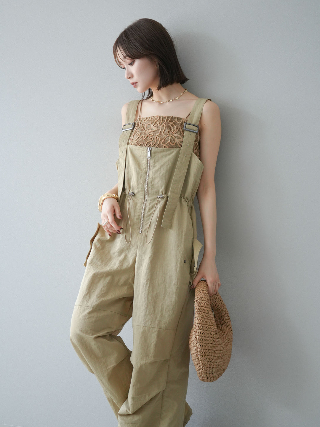 [予約]ナイロンタックデザインサロペット/ベージュ