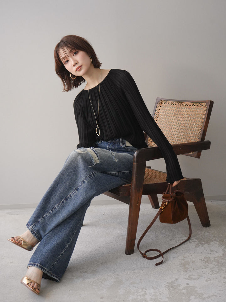 [SET]プリーツシアーフレアスリーブニットトップス+ダメージデニムセミワイドパンツ(2set)