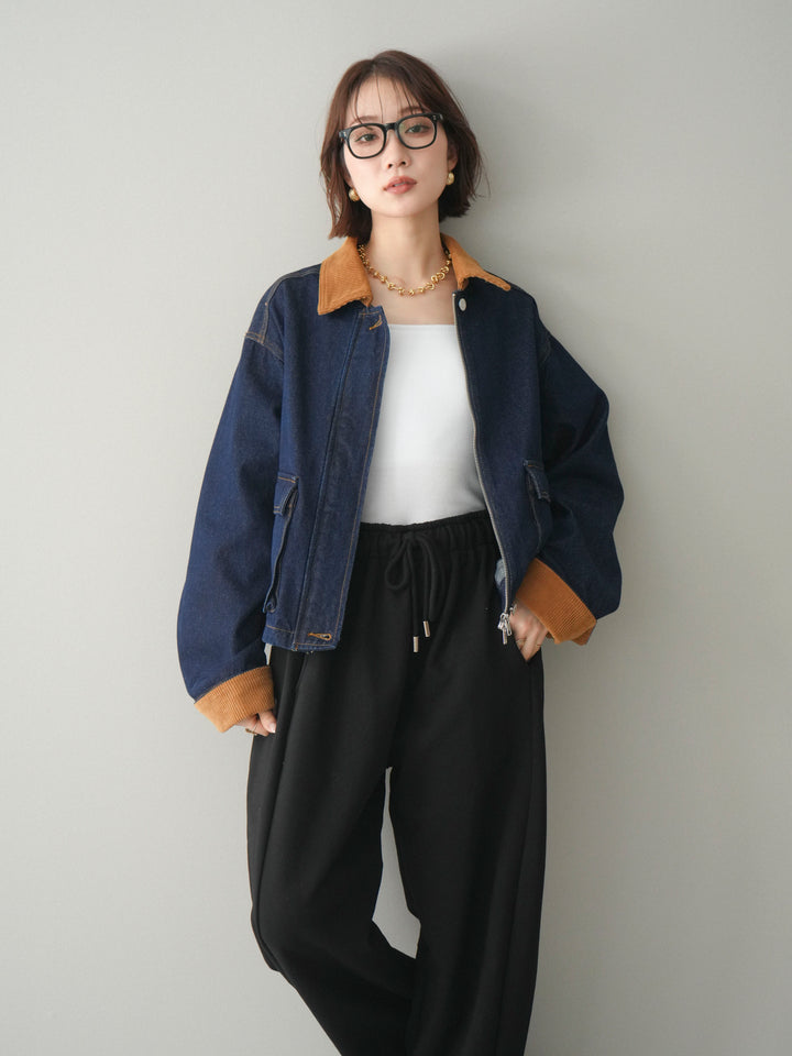 [予約]コーデュロイ×デニムショートカバーオール/indigo