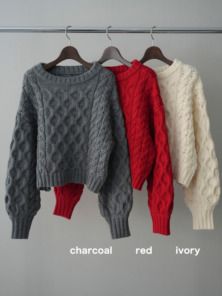 [SET]バルキーケーブルクロップドニットプルオーバー+裏起毛裾フリンジワイドデニムパンツ(2set)