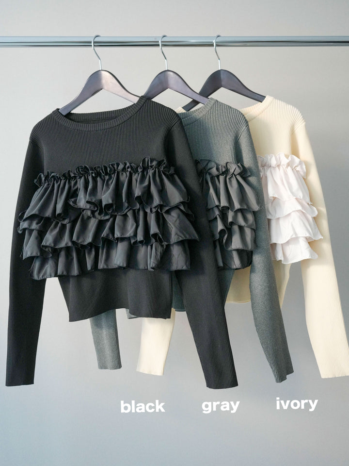 [SET]フリルビスチェドッキングスポンジニットプルオーバー+コットンタックループパンツ(2set)