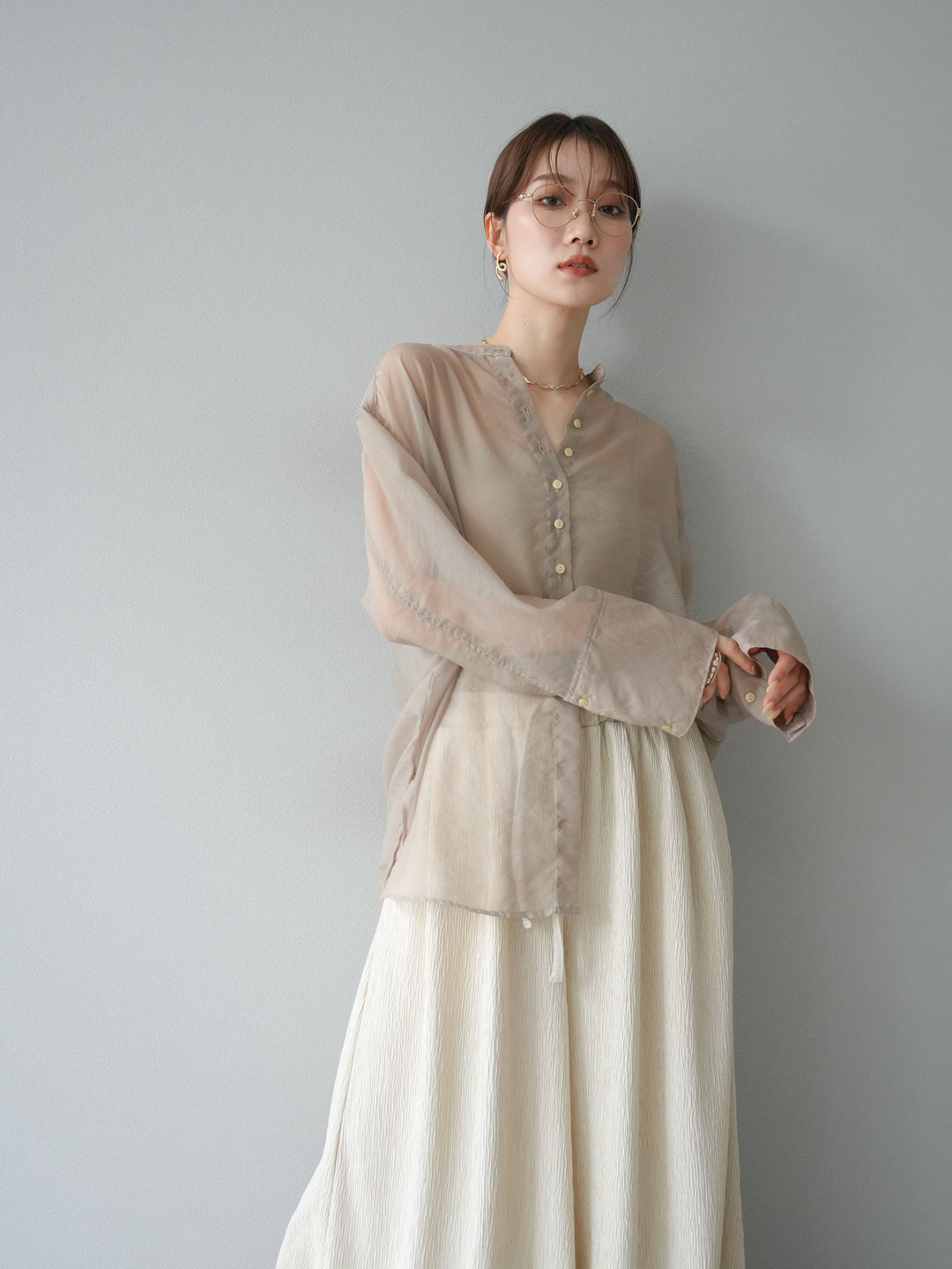 [SET] 亮面透視立領襯衫 + 柳葉寬褲 (2set)