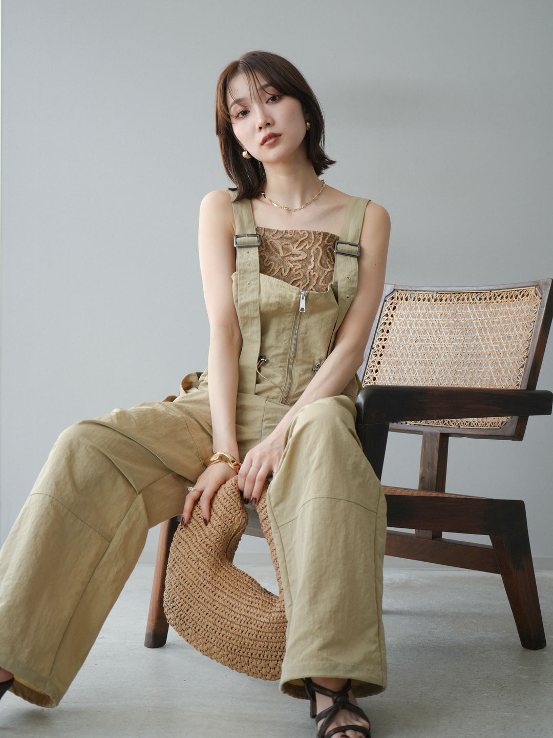 [予約]ナイロンタックデザインサロペット/ベージュ