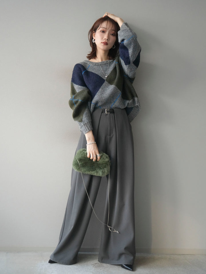 [SET]配色ステッチアーガイル柄ニットプルオーバー+ベルトループデザインワイドパンツ(2set)