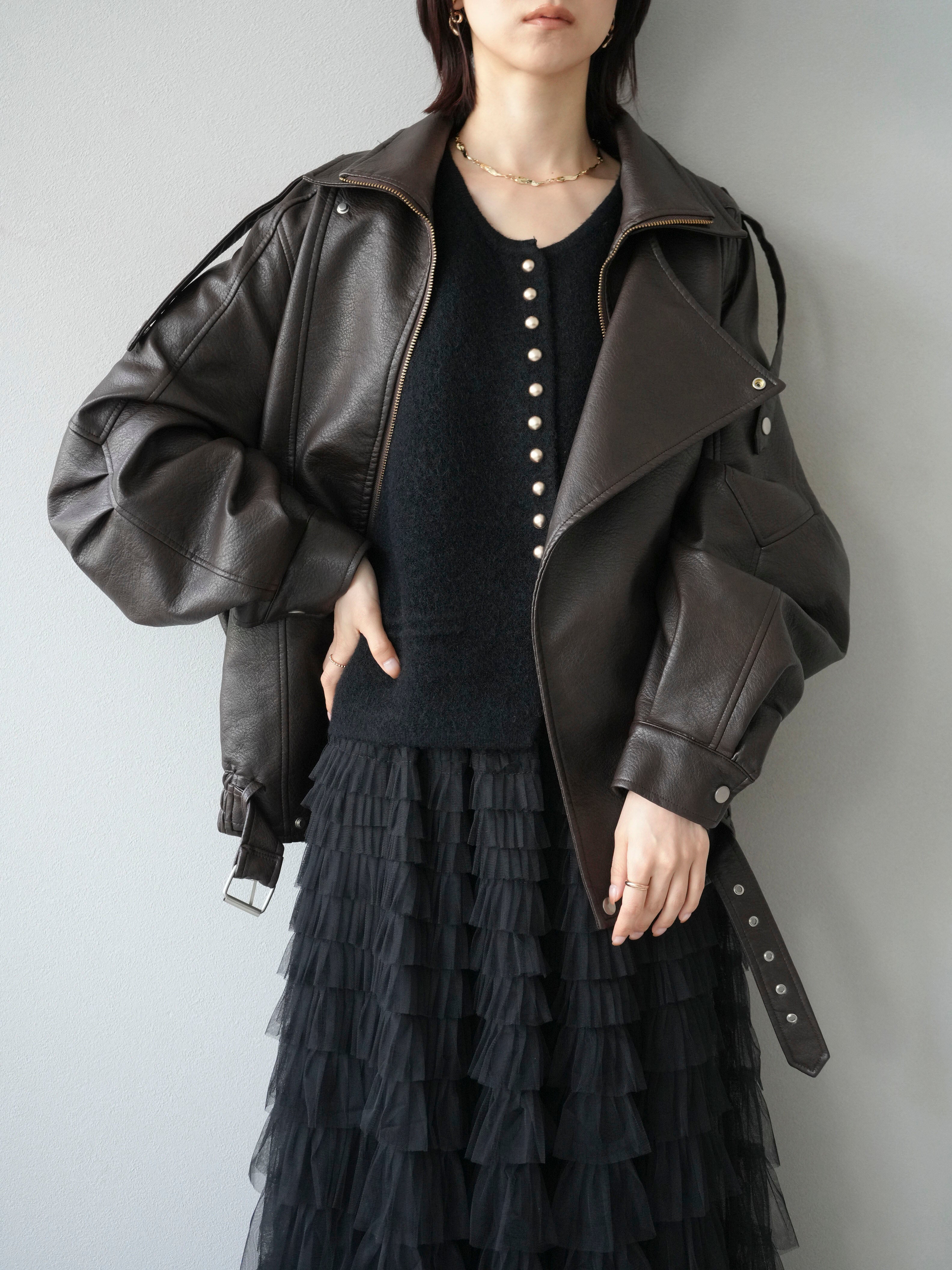 予約]スタンドカラーフェイクレザーブルゾン/ブラウン – Lumier