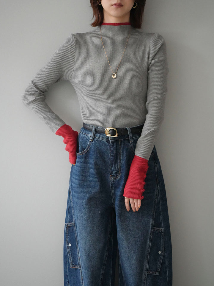 [SET]袖ボタンハイネック配色リブニットトップス+選べるアクセセット(2set)