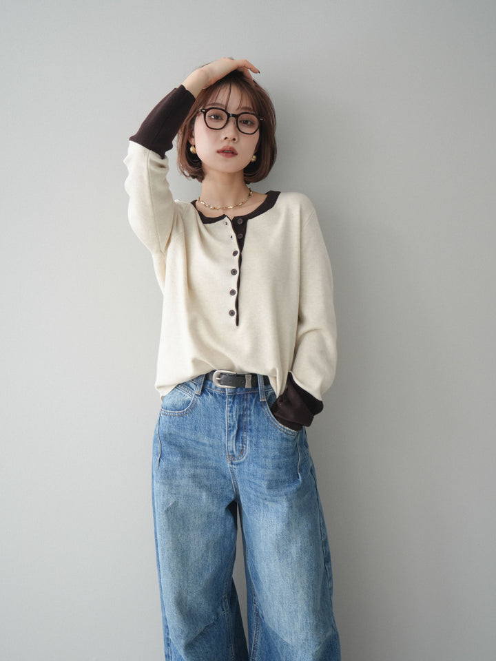 [予約]ヘンリーネック配色ニットソー/beige