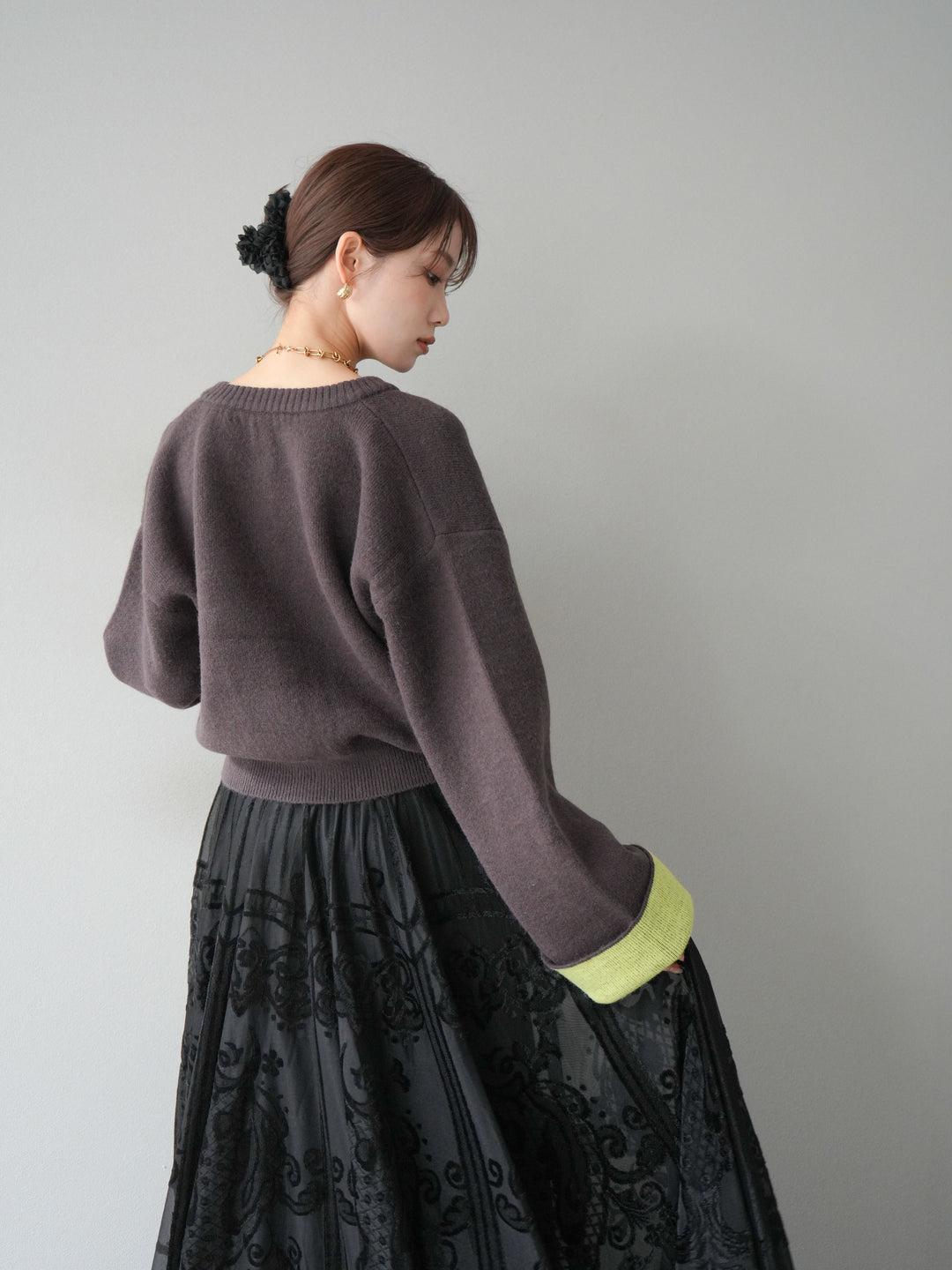 [SET]バイカラーオーバーニットカーディガン+アンティーク柄フロッキーマキシスカート(2set)