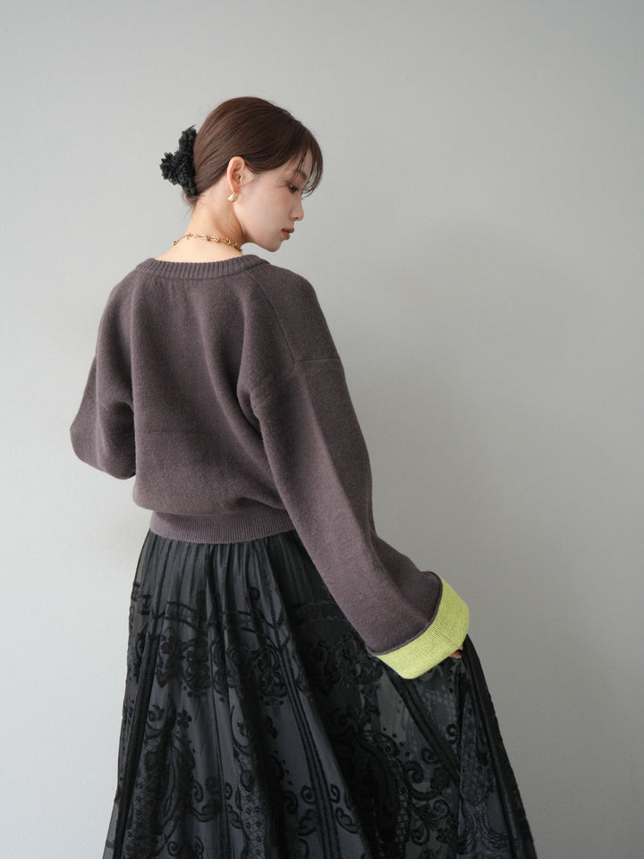 [SET]バイカラーオーバーニットカーディガン+アンティーク柄フロッキーマキシスカート(2set)
