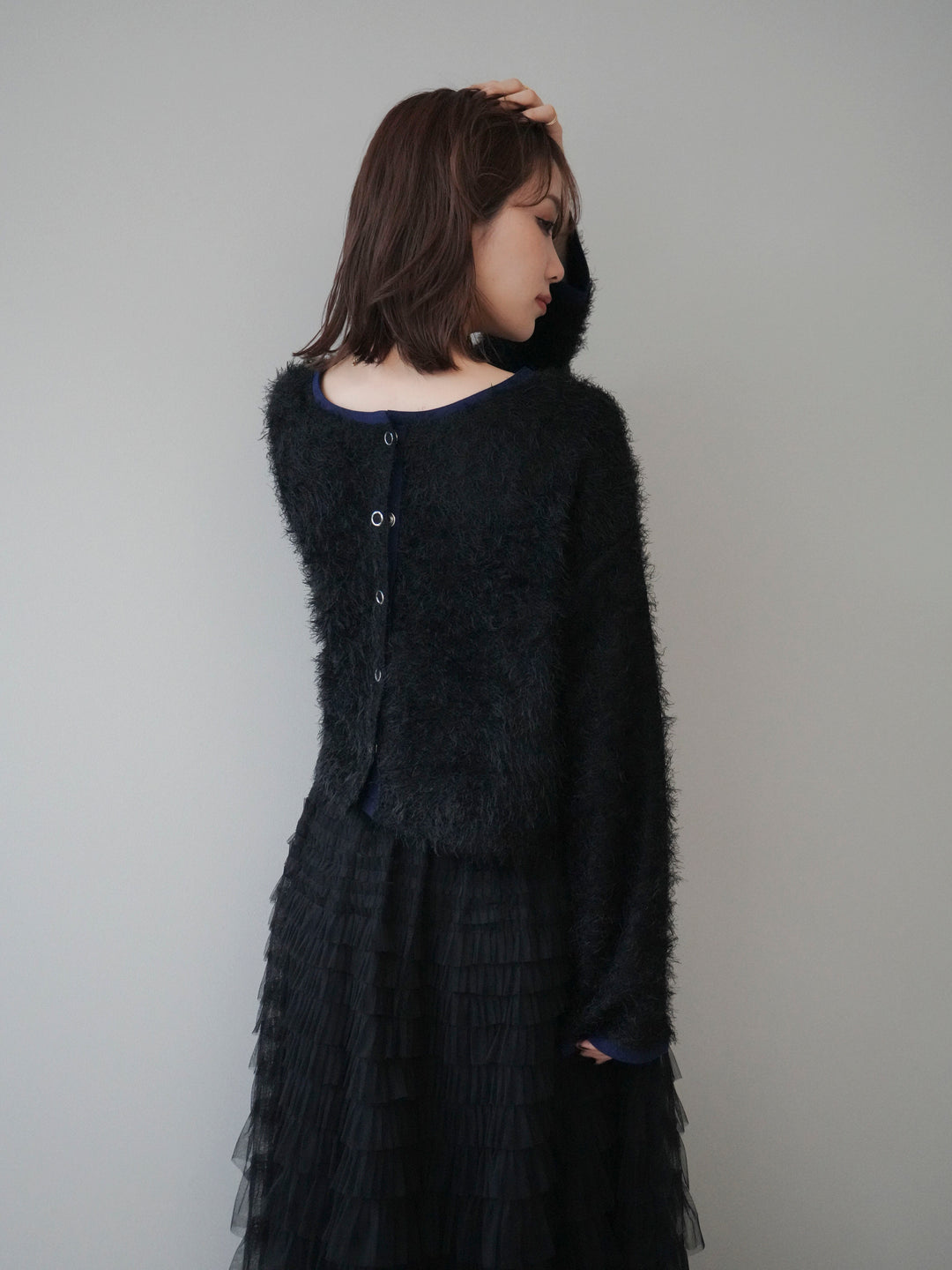 [予約]バイカラー2WAYシャギーニットカーディガン/black