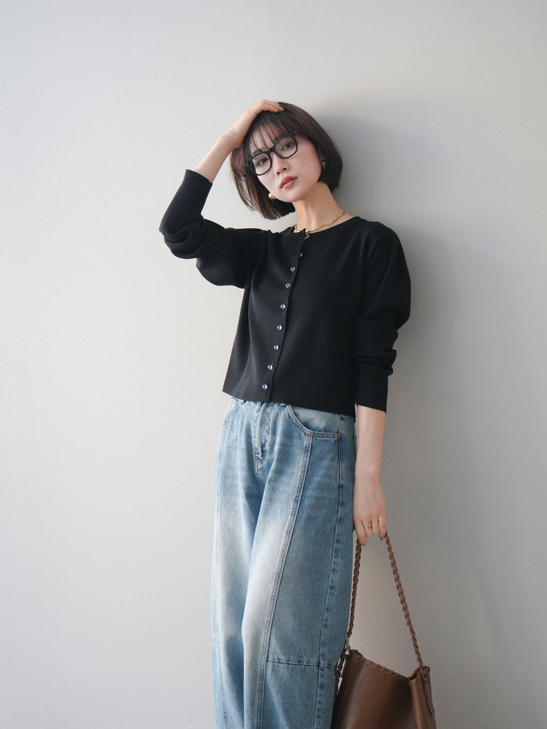 [予約]クリアボタンタックニットカーディガン/black