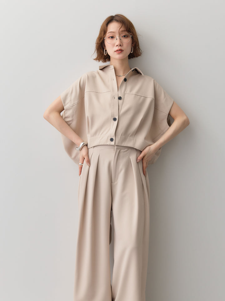 【套裝】縐綢燈籠無袖襯衫 + 縐綢闊腿褲（兩件套）