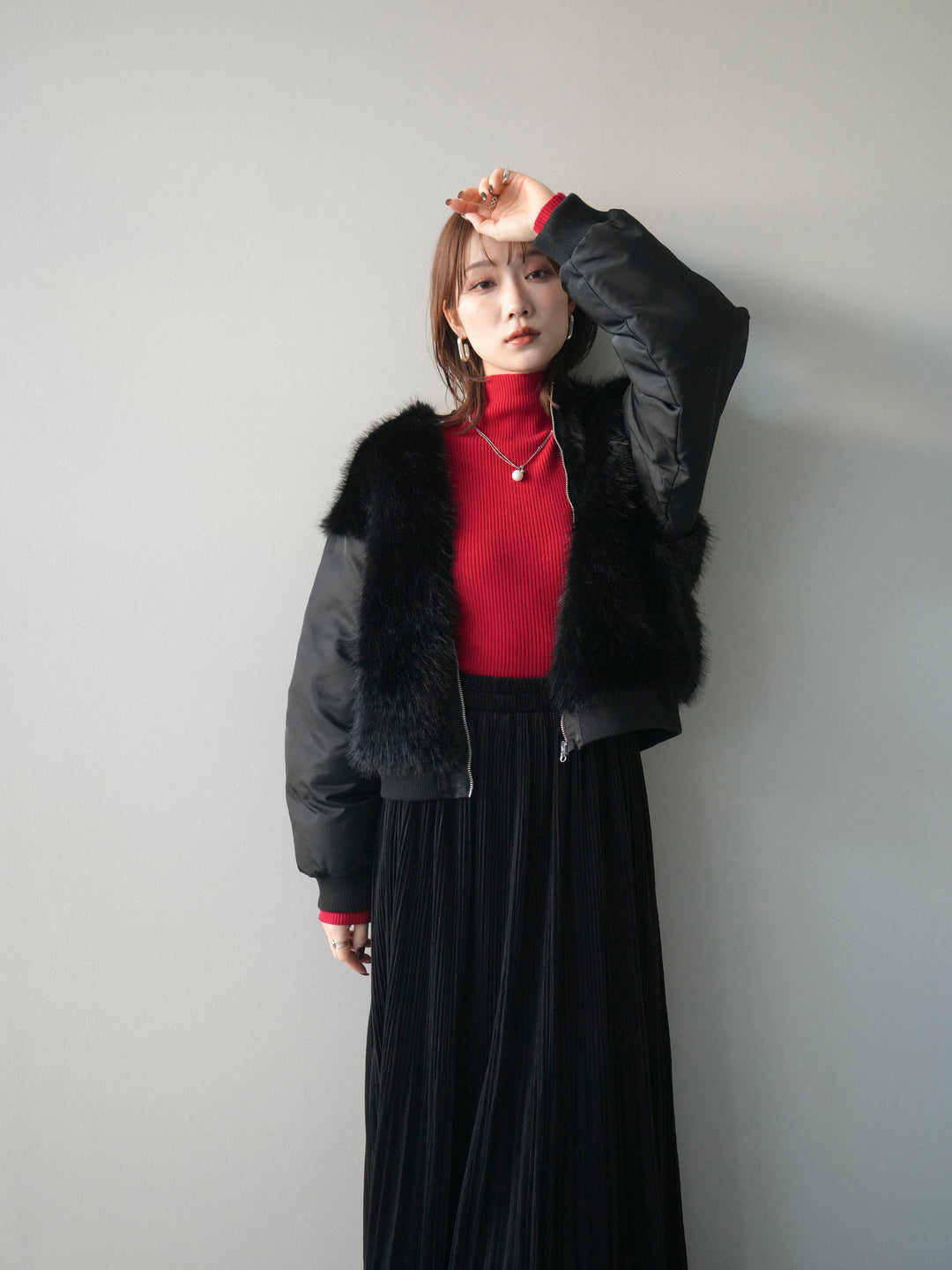 [SET]ファードッキングMA-1+袖ボタンボトルネックリブニットトップス(2set)