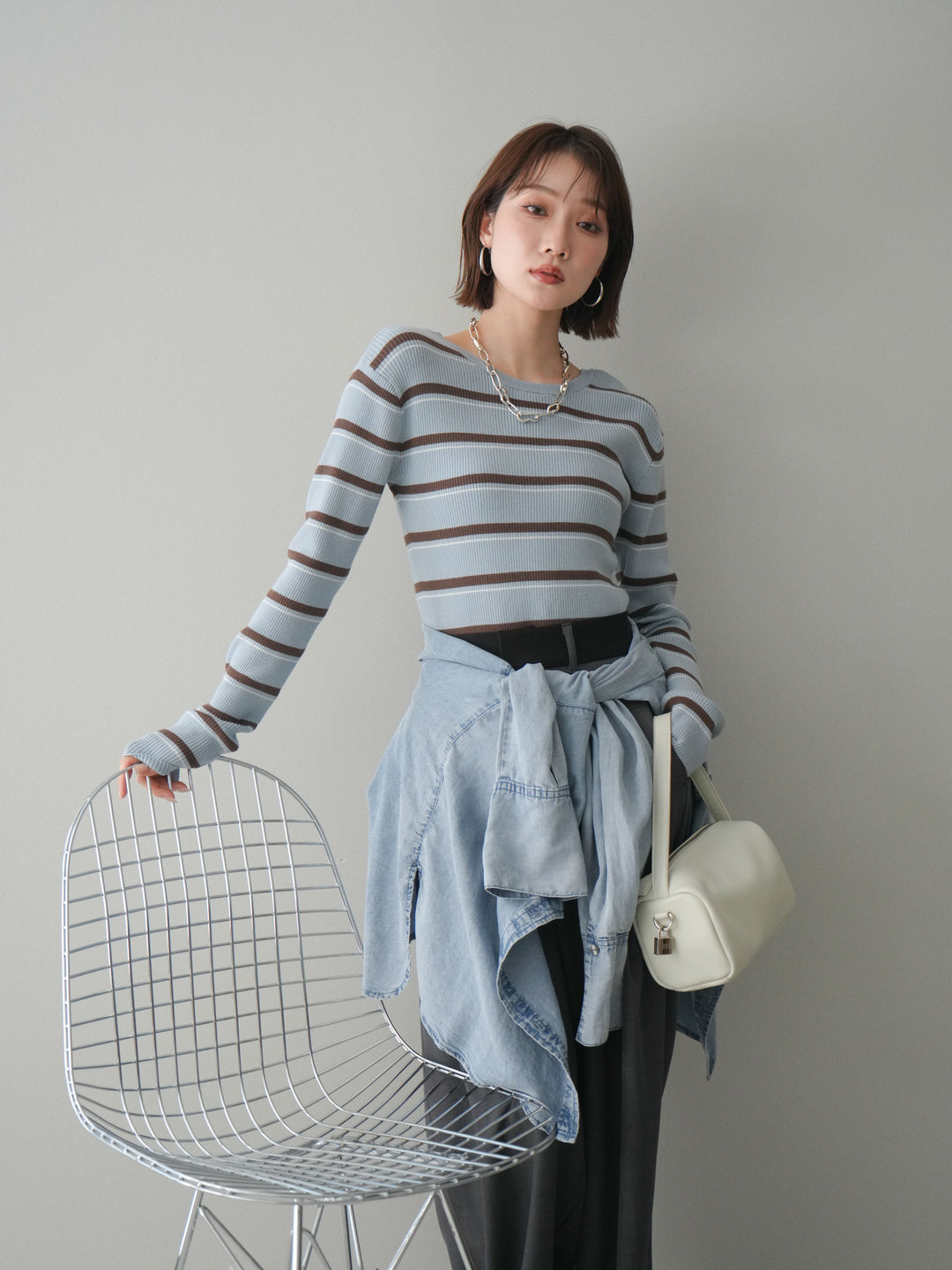 [予約]バックオープンテレコリブマルチボーダートップス/blue