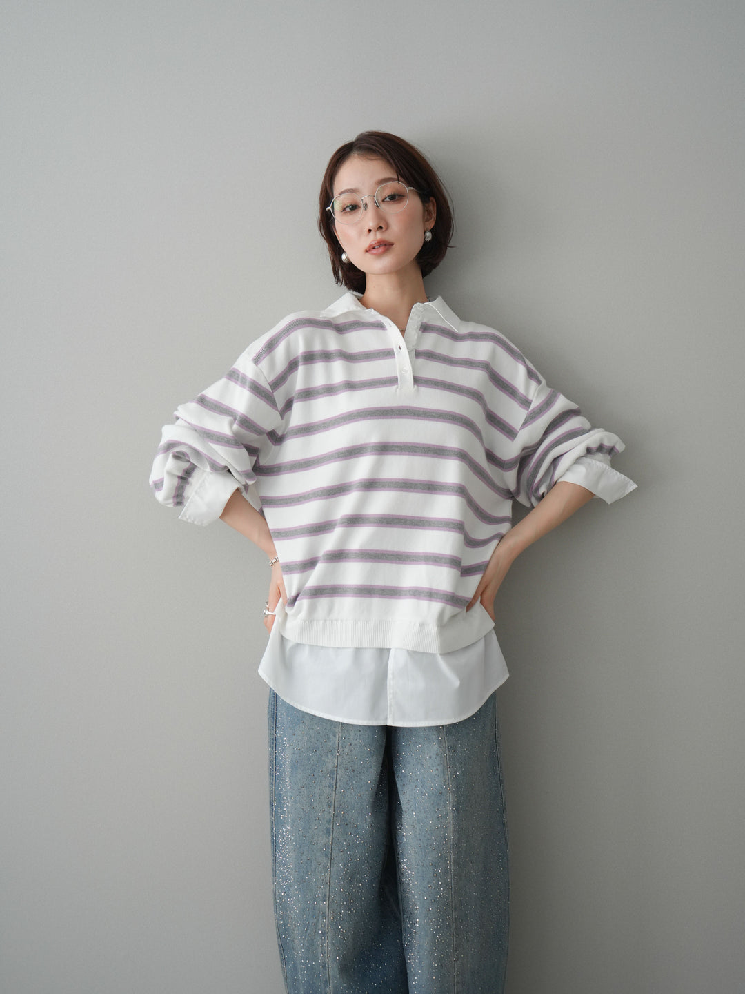 [予約]シャツドッキングオーバーニットプルオーバー/ivorymultioff