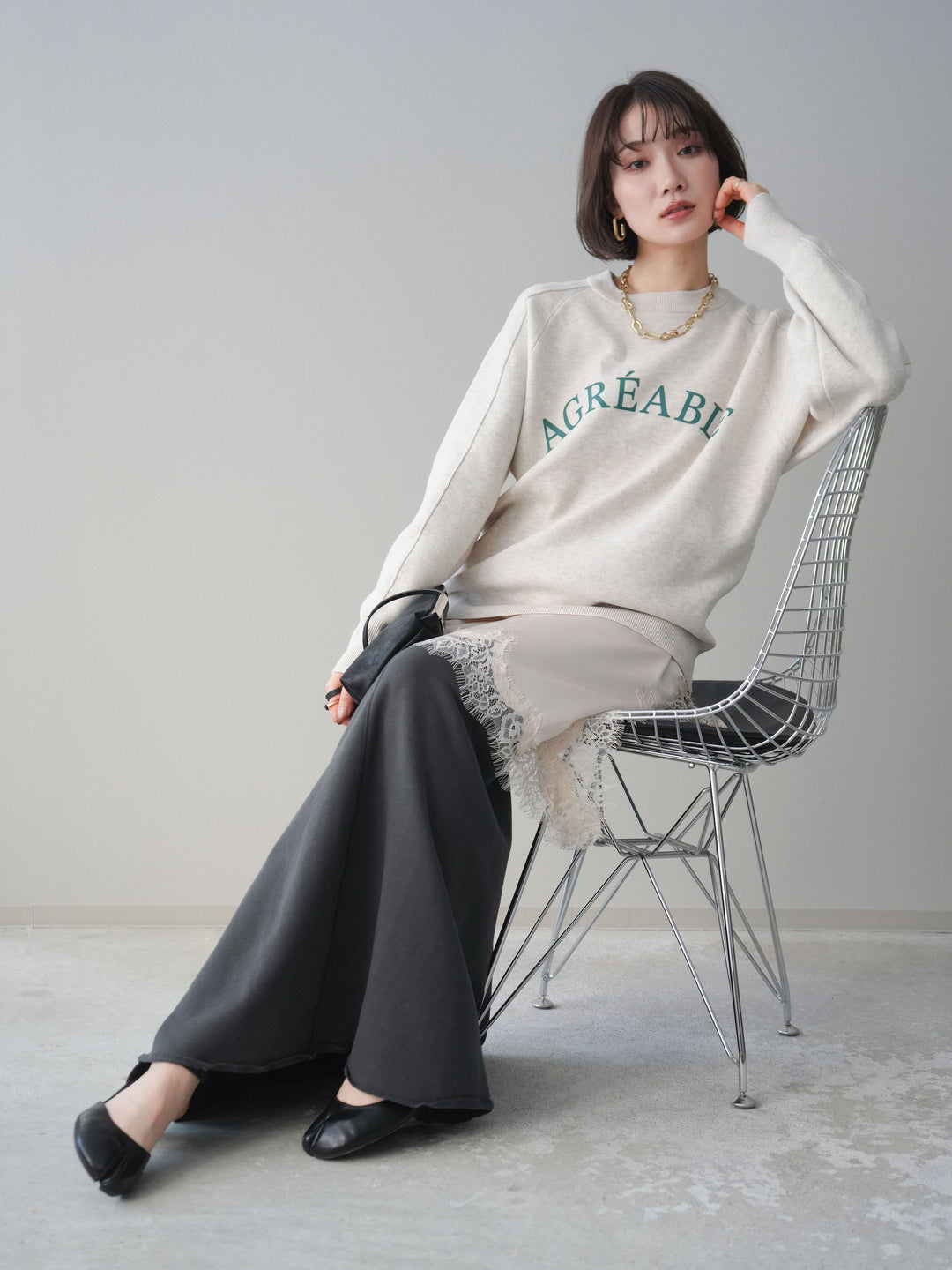 [予約]半ラバープリントロゴスウェットライクニットプルオーバー/oatmeal