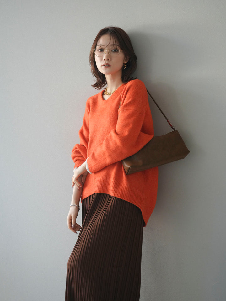 [SET]Vネック配色スリーブニットプルオーバー+選べるアクセセット(2set)