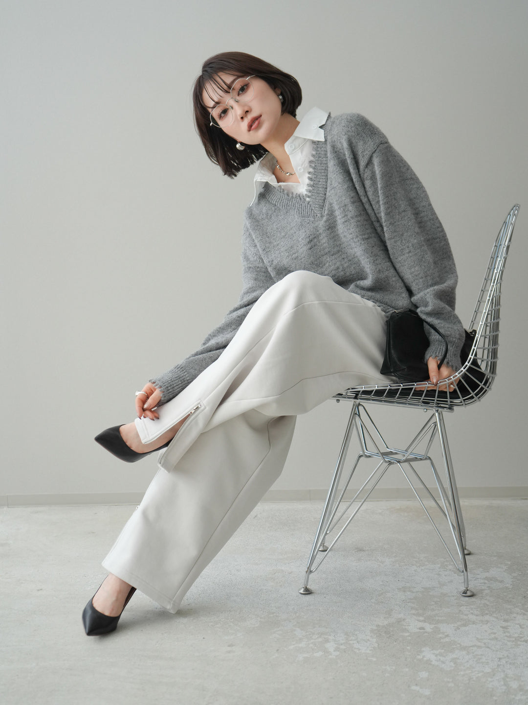 [予約]シャツドッキングVネックフリンジニットプルオーバー/gray