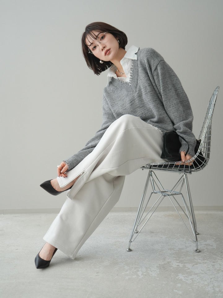 [予約]シャツドッキングVネックフリンジニットプルオーバー/gray
