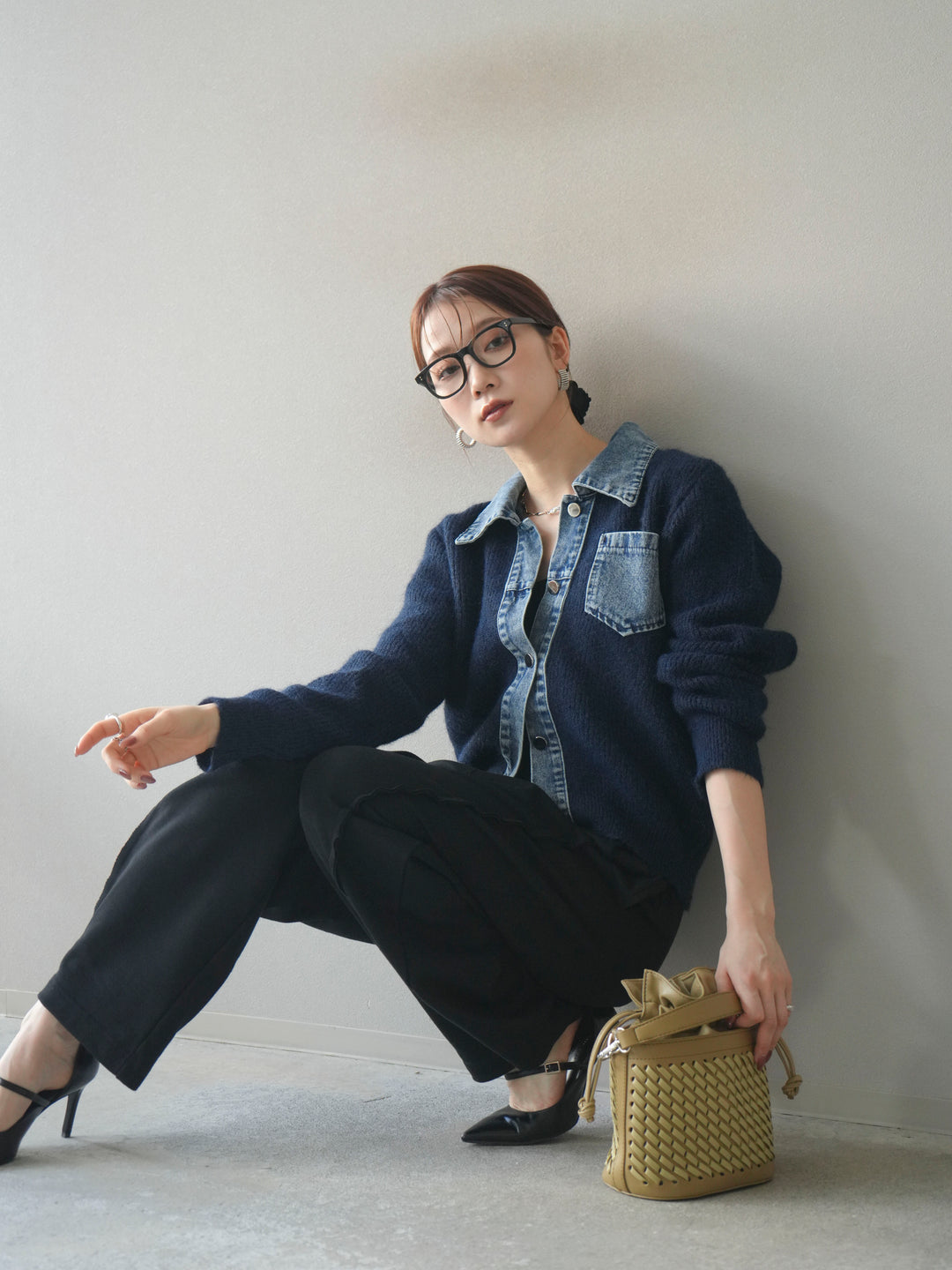 [予約]デニム襟ポケットニットカーディガン/navy