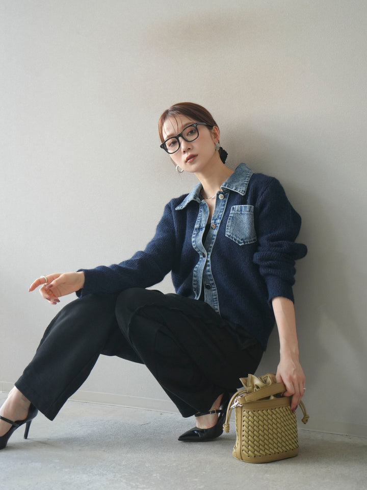 [予約]デニム襟ポケットニットカーディガン/navy